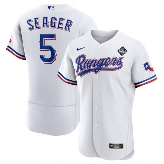 Men Texas Rangers 5 Corey Seager White 2023 World Series Flex Base Stitched Baseball Jersey