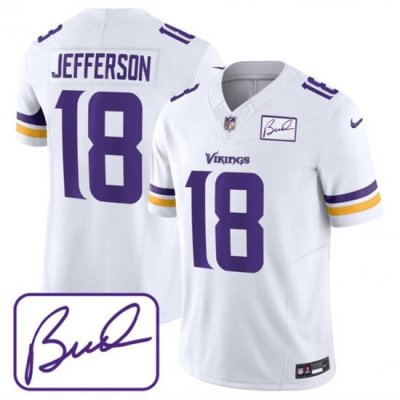 Men Minnesota Vikings 18 Justin Jefferson White 2023 F U S E Bud Grant Patch Limited Stitched Jersey