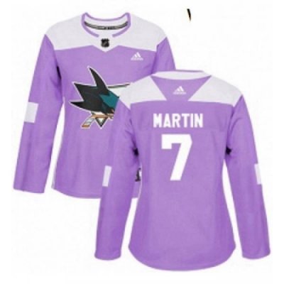 Womens Adidas San Jose Sharks 7 Paul Martin Authentic Purple Fights Cancer Practice NHL Jersey