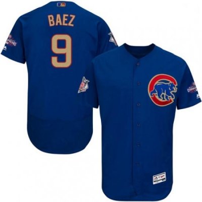 Mens Majestic Chicago Cubs 9 Javier Baez Authentic Royal Blue 2017 Gold Champion Flex Base MLB Jersey