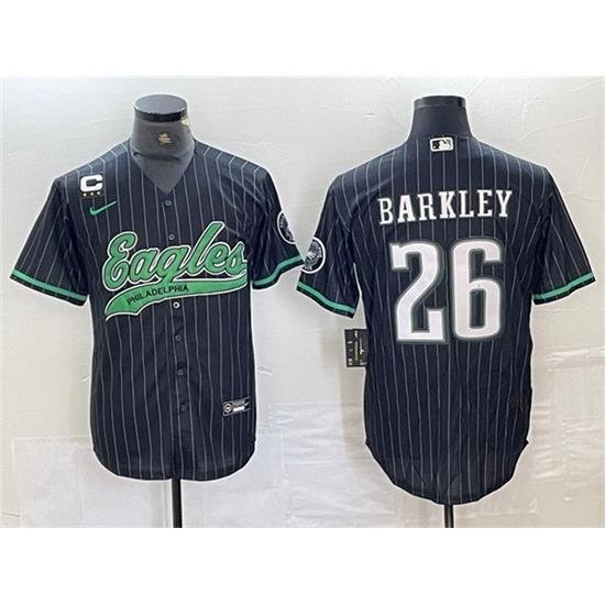 Men Philadelphia Eagles 26 Saquon Barkley Black With 3 star C Patch Cool Base Baseball Stitched Jerseys