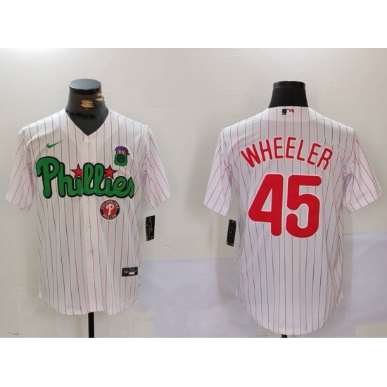 Men Philadelphia Phillies 45 Zack Wheeler White Green Cool Base Stitched Jersey 7