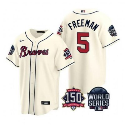 Men Atlanta Braves 5 Freddie Freeman 2021 Cream World Series With 150th Anniversary Patch Cool Base Stitched Jersey