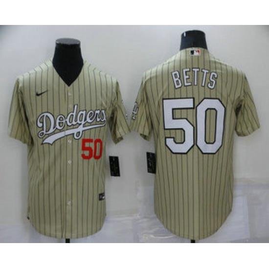 Men's Los Angeles Dodgers #50 Mookie Betts Cream Pinstripe Stitched MLB Cool Base Nike Jersey