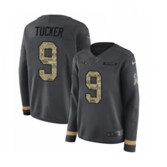 Womens Nike Baltimore Ravens 9 Justin Tucker Limited Black Salute to Service Therma Long Sleeve NFL Jersey