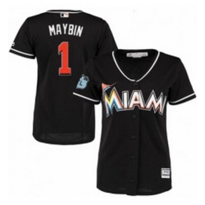 Womens Majestic Miami Marlins 1 Cameron Maybin Replica Black Alternate 2 Cool Base MLB Jersey