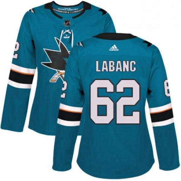 Womens Adidas San Jose Sharks 62 Kevin Labanc Premier Teal Green Home NHL Jersey