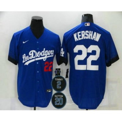 Men Los Angeles Dodgers 22 Clayton KershaW Blue 2 20 Patch City Connect Number Cool Base Stitched Jersey