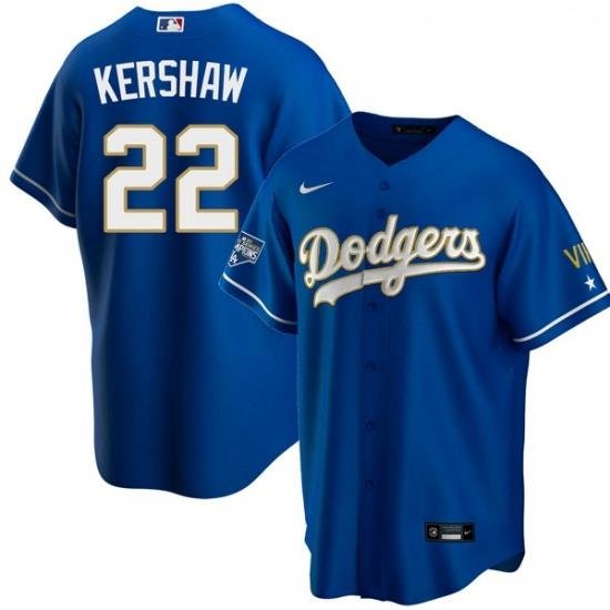 Women Los Angeles Dodgers Clayton KershaW 22 Championship Gold Trim Blue Limited All Stitched Cool Base Jersey