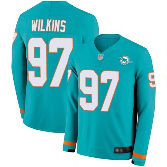 Dolphins 97 Christian Wilkins Aqua Green Team Color Youth Stitched Football Limited Therma Long Sleeve Jersey