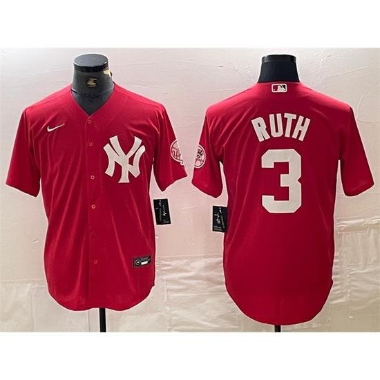 Men NeW York Yankees 3 Babe Ruth Red Cool Base Stitched Baseball Jersey