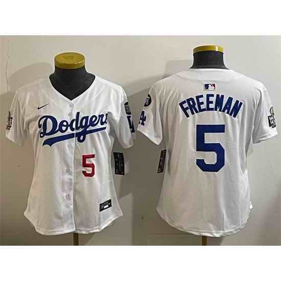 Women Los Angeles Dodgers 5 Freddie Freeman White 2024 World Series With Fernando Memorial Patch Home Limited Stitched Baseball Jersey