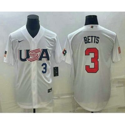 Men's USA Baseball #3 Mookie Betts Number 2023 White World Baseball Classic Replica Stitched Jerseys