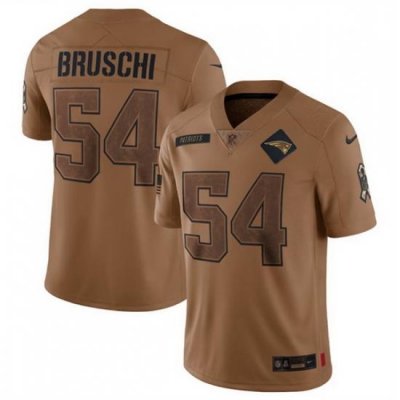 Men New England Patriots 54 Tedy Bruschi 2023 Brown Salute To Service Limited Stitched Football Jersey