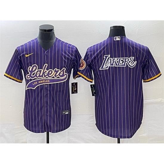 Men Los Angeles Lakers Team Big Logo Purple Cool Base With Patch Stitched Baseball Jersey