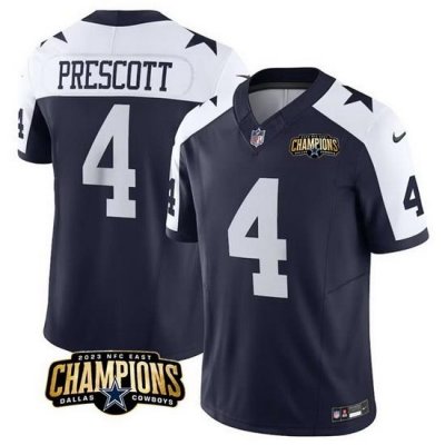 Men Dallas Cowboys 4 Dak Prescott Navy White 2023 F U S E  NFC East Champions Patch Stitched Football Jersey