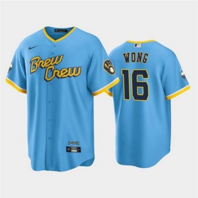 Men MilWaukee BreWers 16 Kolten Wong 2022 PoWder Blue City Connect Cool Base Stitched Jersey