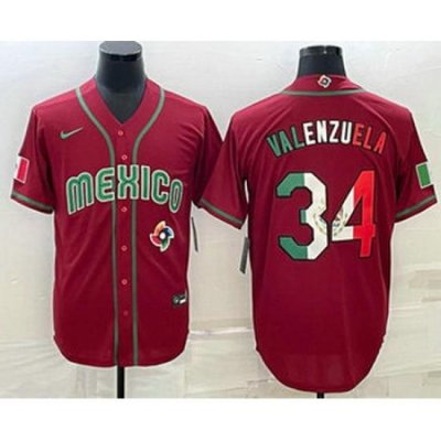 Men's Mexico Baseball #34 Fernando Valenzuela 2023 Red Blue World Baseball Classic Stitched Jersey1