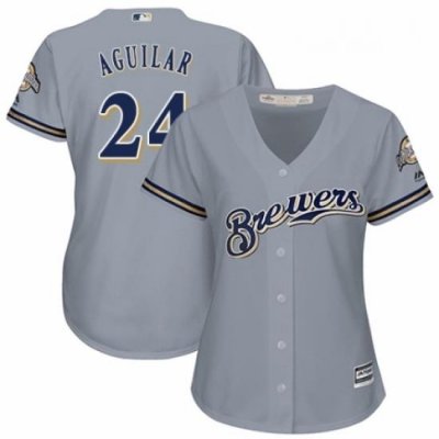 Womens Majestic Milwaukee Brewers 24 Jesus Aguilar Authentic Grey Road Cool Base MLB Jersey