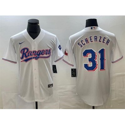 Men Texas Rangers 31 Max Scherzer White With Patch Cool Base Stitched Baseball Jersey