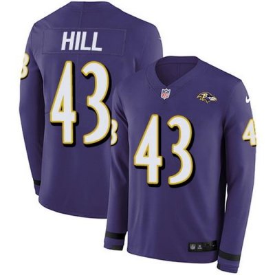 Nike Ravens 43 Justice Hill Purple Team Color Men Stitched NFL Limited Therma Long Sleeve Jersey