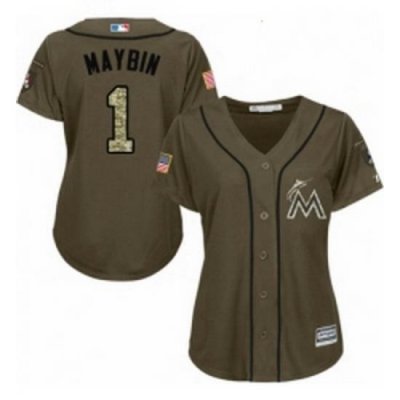 Womens Majestic Miami Marlins 1 Cameron Maybin Authentic Green Salute to Service MLB Jersey