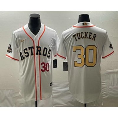 Men's Houston Astros #30 Kyle Tucker Number 2023 White Gold World Serise Champions Patch Cool Base Stitched Jerseys