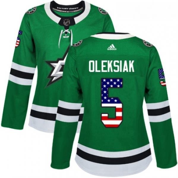 Womens Adidas Dallas Stars 5 Jamie Oleksiak Authentic Green USA Flag Fashion NHL Jersey