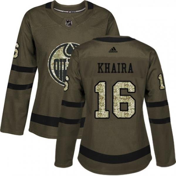 Womens Adidas Edmonton Oilers 16 Jujhar Khaira Authentic Green Salute to Service NHL Jersey