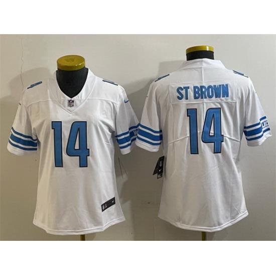 Women Detroit Lions 14 Amon Ra St  Brown White Vapor Limited Stitched Football Jersey