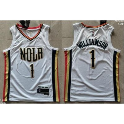 Men New Orleans Pelicans 1 Zion Williamson 75th Anniversary 2021 2022 City Edition NBA Jersey White