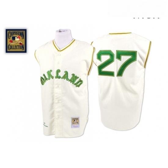 Mens Mitchell and Ness 1968 Oakland Athletics 27 Catfish Hunter Authentic Cream Throwback MLB Jersey