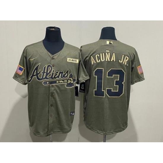 Men Atlanta Braves 13 Ronald Acuna Jr  2021 Camo Salute To Service Cool Base Stitched Jersey