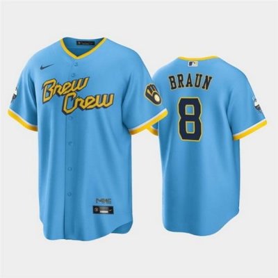 Men MilWaukee BreWers 8 Ryan Braun 2022 PoWder Blue City Connect Cool Base Stitched Jersey