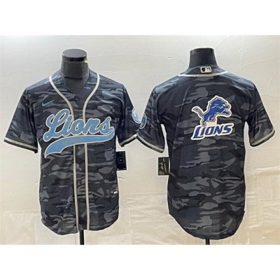 Men Detroit Lions Grey Camo Team Big Logo Cool Base Stitched Baseball Jersey