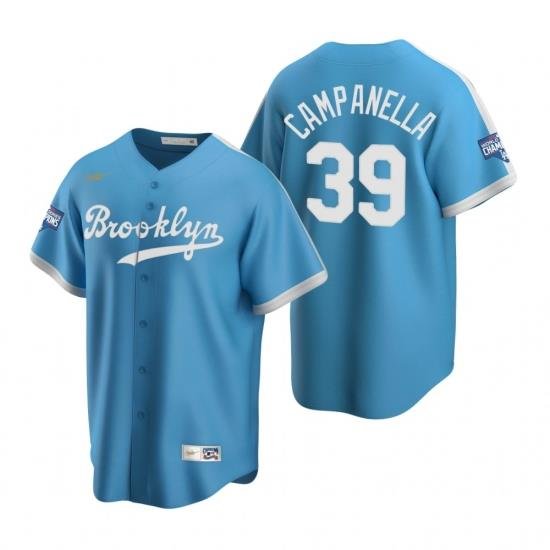 Men Brooklyn Los Angeles Dodgers 39 Roy Campanella Light Blue 2020 World Series Champions CooperstoWn Collection Jersey