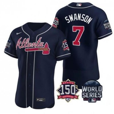 Men Atlanta Braves 7 Dansby SWanson 2021 Navy World Series With 150th Anniversary Patch Stitched Baseball Jersey