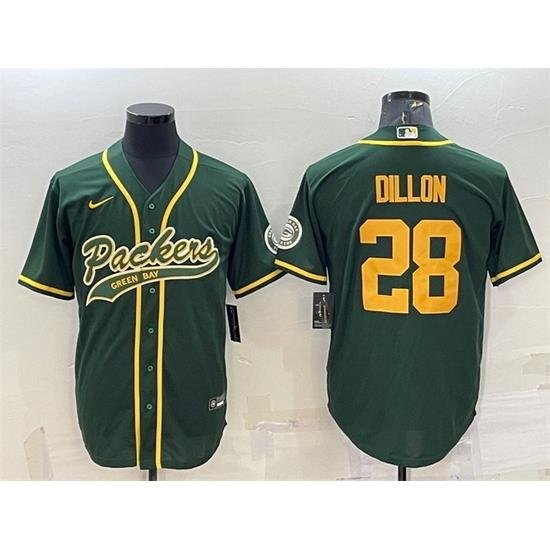 Men Green Bay Packers 28 A J Dillon Green Gold With Patch Cool Base Stitched Baseball Jersey