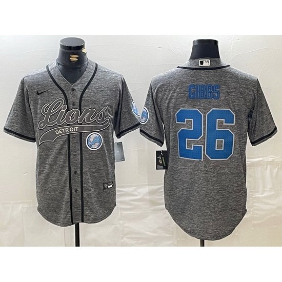 Men Detroit Lions 26 Jahmyr Gibbs Grey Cool Base Stitched Baseball Jersey 1