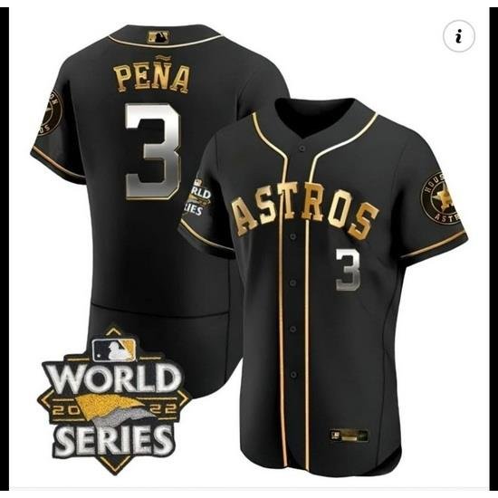 Men Houston Astros 3 Jeremy Pena Black Gold 2022 World Series Patch Jersey