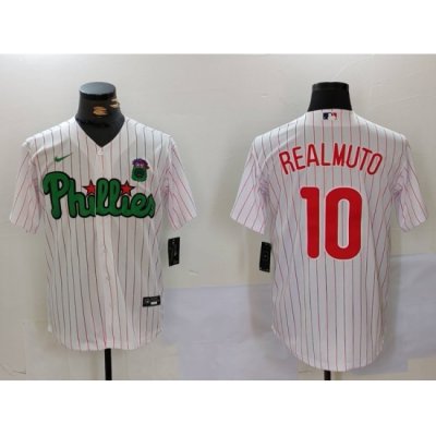 Men Philadelphia Phillies 10 J T  Realmuto White Green Cool Base Stitched Jersey 1