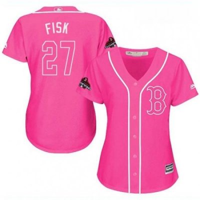 Womens Majestic Boston Red Sox 27 Carlton Fisk Authentic Pink Fashion 2018 World Series Champions MLB Jersey