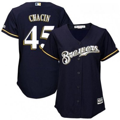 Womens Majestic Milwaukee Brewers 45 Jhoulys Chacin Replica Navy Blue Alternate Cool Base MLB Jersey