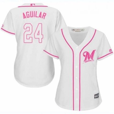 Womens Majestic Milwaukee Brewers 24 Jesus Aguilar Authentic White Fashion Cool Base MLB Jersey