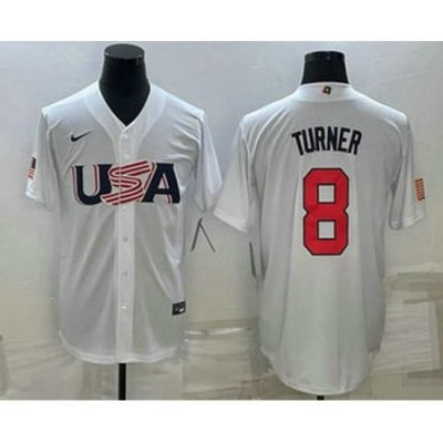 Men's USA Baseball #8 Trea Turner 2023 White World Baseball Classic Stitched Jersey