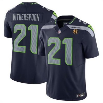 Men Seattle Seahawks 21 Devon Witherspoon Navy 2023 F U S E  With John Madden Patch Vapor Limited Stitched Football Jersey