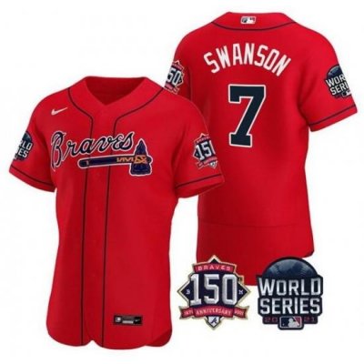 Men Atlanta Braves 7 Dansby SWanson 2021 Red World Series With 150th Anniversary Patch Stitched Baseball Jersey