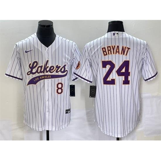 Men Los Angeles Lakers Front 8 Back 24 Kobe Bryant White Cool Base With Patch Stitched Baseball Jersey