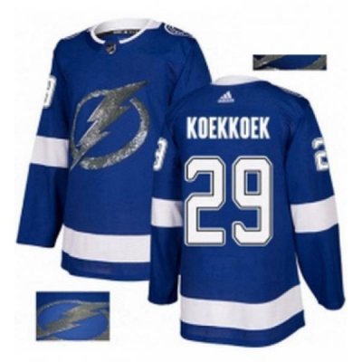 Mens Adidas Tampa Bay Lightning 29 Slater Koekkoek Authentic Royal Blue Fashion Gold NHL Jersey