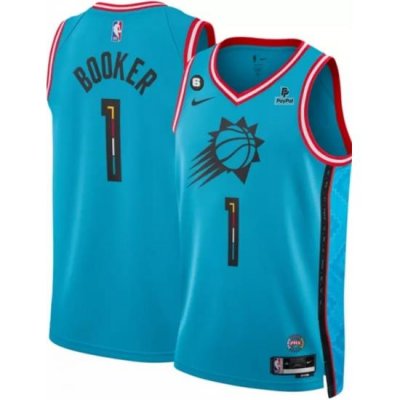 Men Phoenix Suns 1 Devin Booker Blue 2022 23 City Edition With NO 6 And Payple Patch Stitched Basketball Jersey